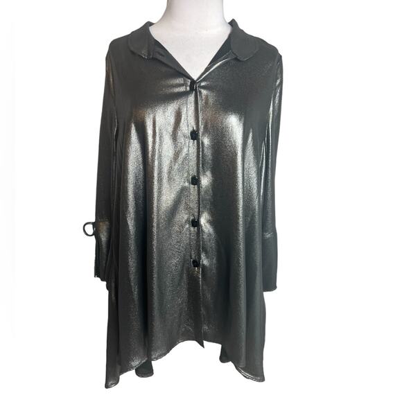 NWT IC by Connie K Metallic tie sleeve ruffle button down top Sz M - Picture 1 of 7